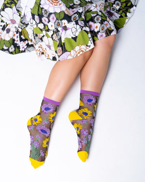 Mixed Sunflowers Black Sheer Crew Sock